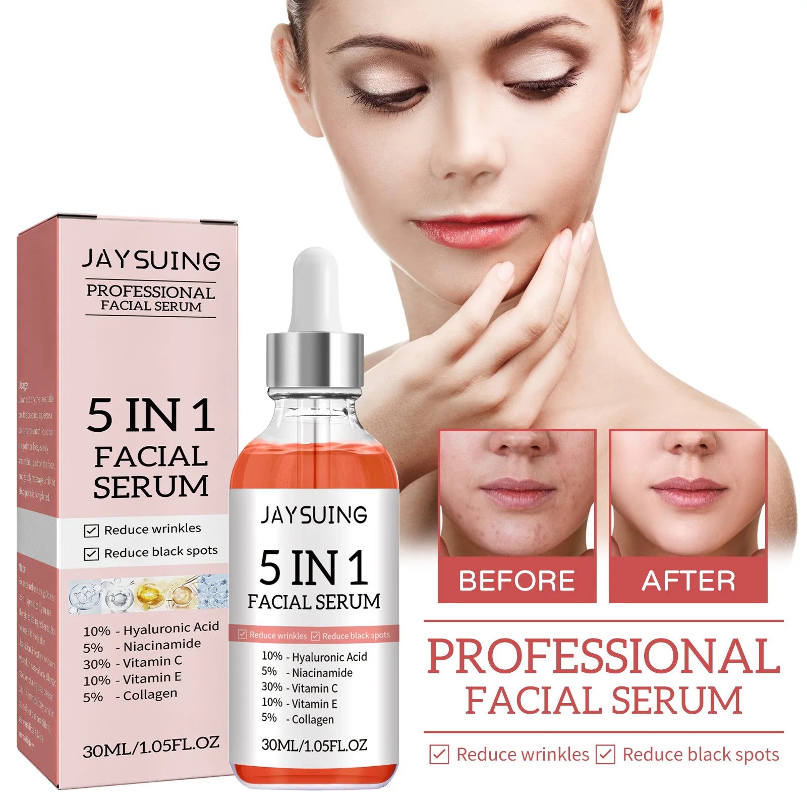 5 In 1 Fade fine lines Firming Face Serum Moisturizing brightning Vitamin C Hyaluronic Acid Facial Serum Shrink Pores Skin Care