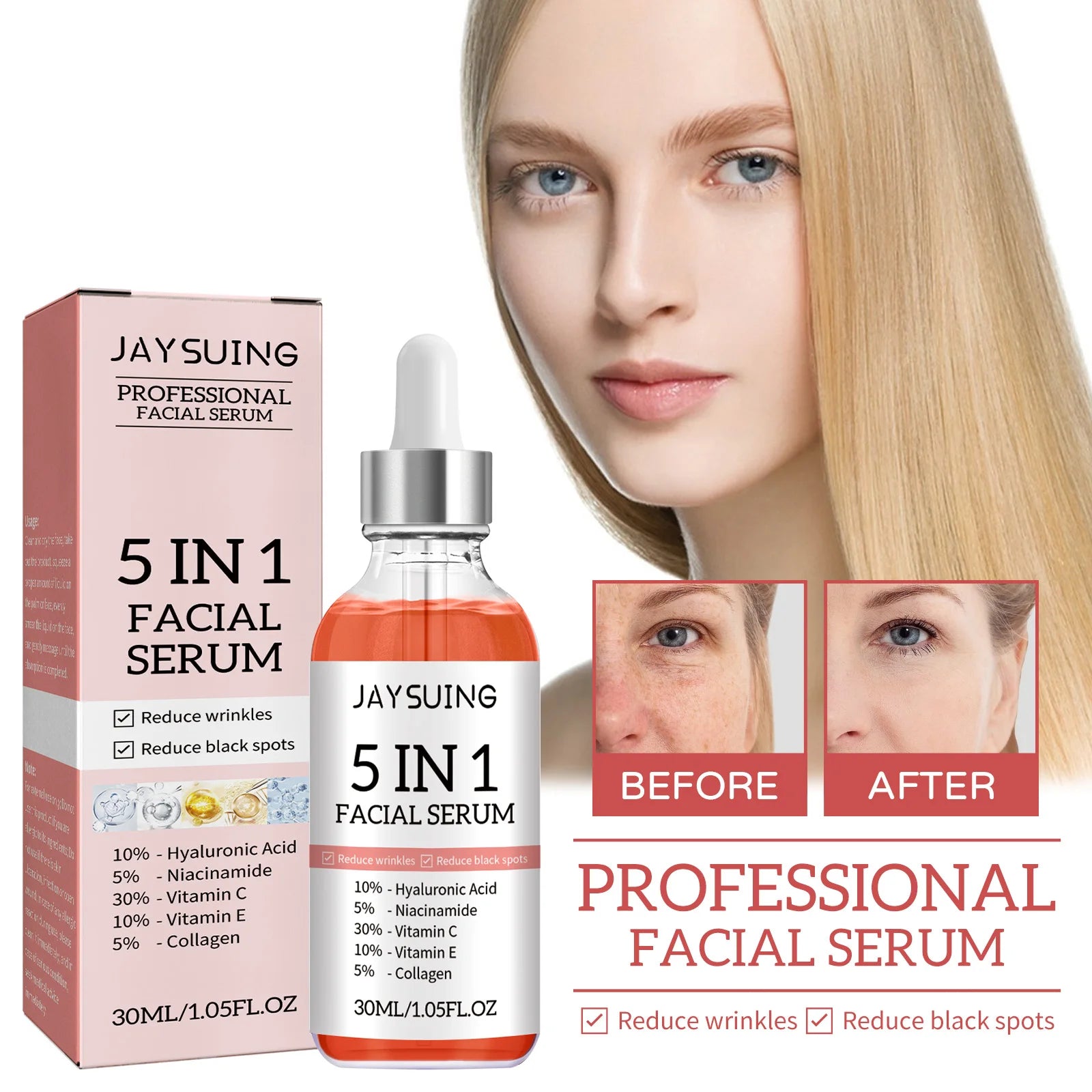 5 In 1 Fade fine lines Firming Face Serum Moisturizing brightning Vitamin C Hyaluronic Acid Facial Serum Shrink Pores Skin Care