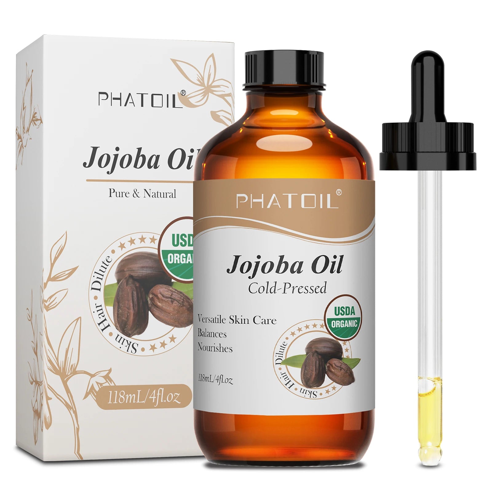 PHATOIL 118ml Organic Jojoba Oil Cold Pressed Pure Natural Rosehip Seed Carrier Oil Moisturizing for Face, Hair, Skin & Nails