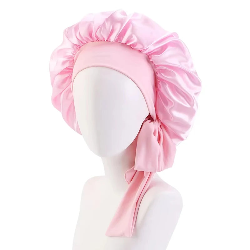 New Women Satin Solid Sleeping Hat Silky Bonnets With Tie Bands Elastic Shower Cap Adjustable Cap For Curly Hair Bonnets