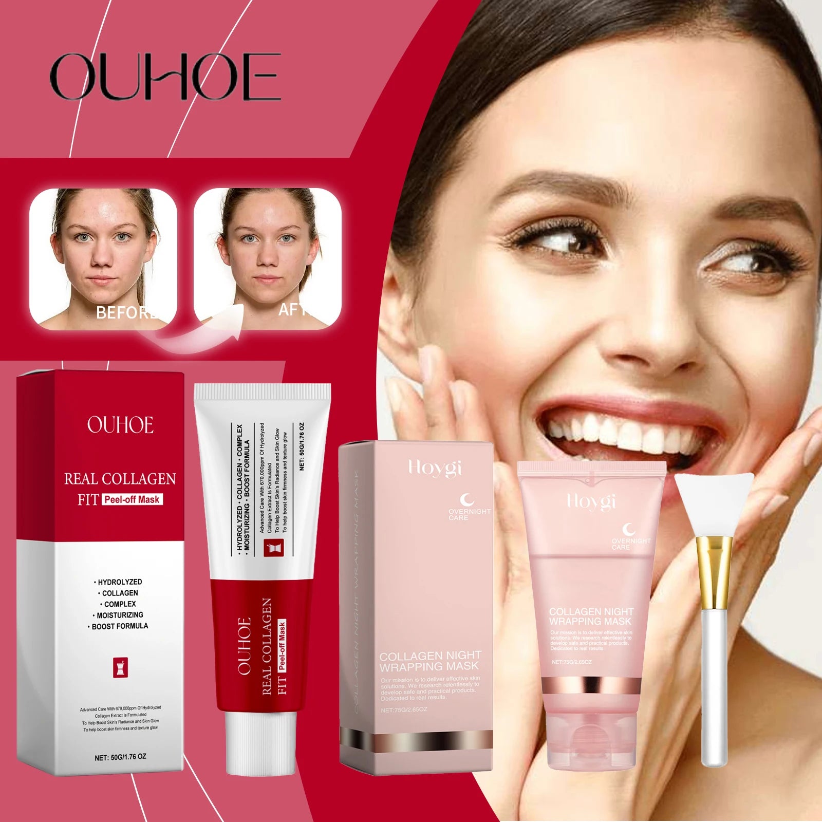 Ouhoe Collagen Peel Off Mask with Application Brush Anti Wrinkle Firming Hydrating Easy Peel All Skin Types Non Irritating Clean